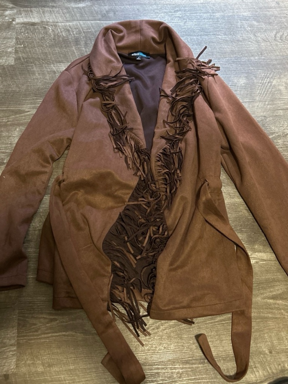Alice Blue Brown Suede-Look Wrap Jacket with Fringe